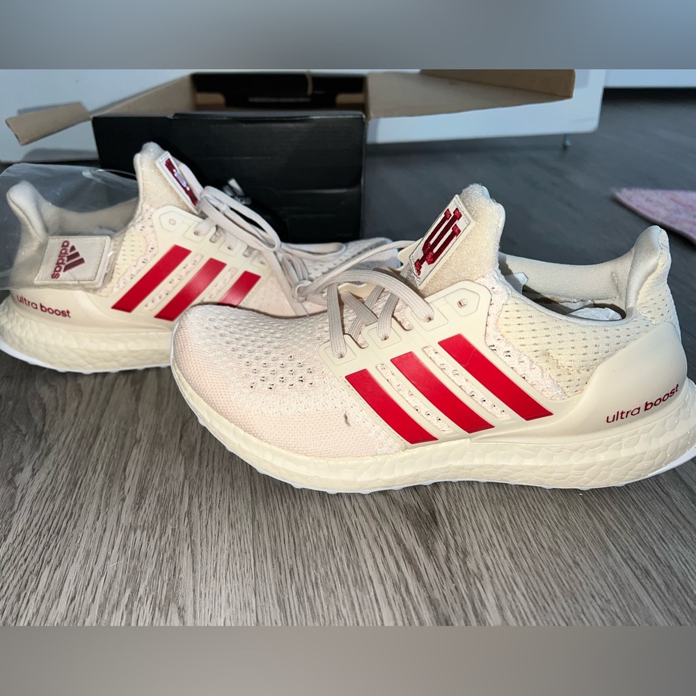 adidas Ultra Boost White with Red Stripes Athletic Shoes